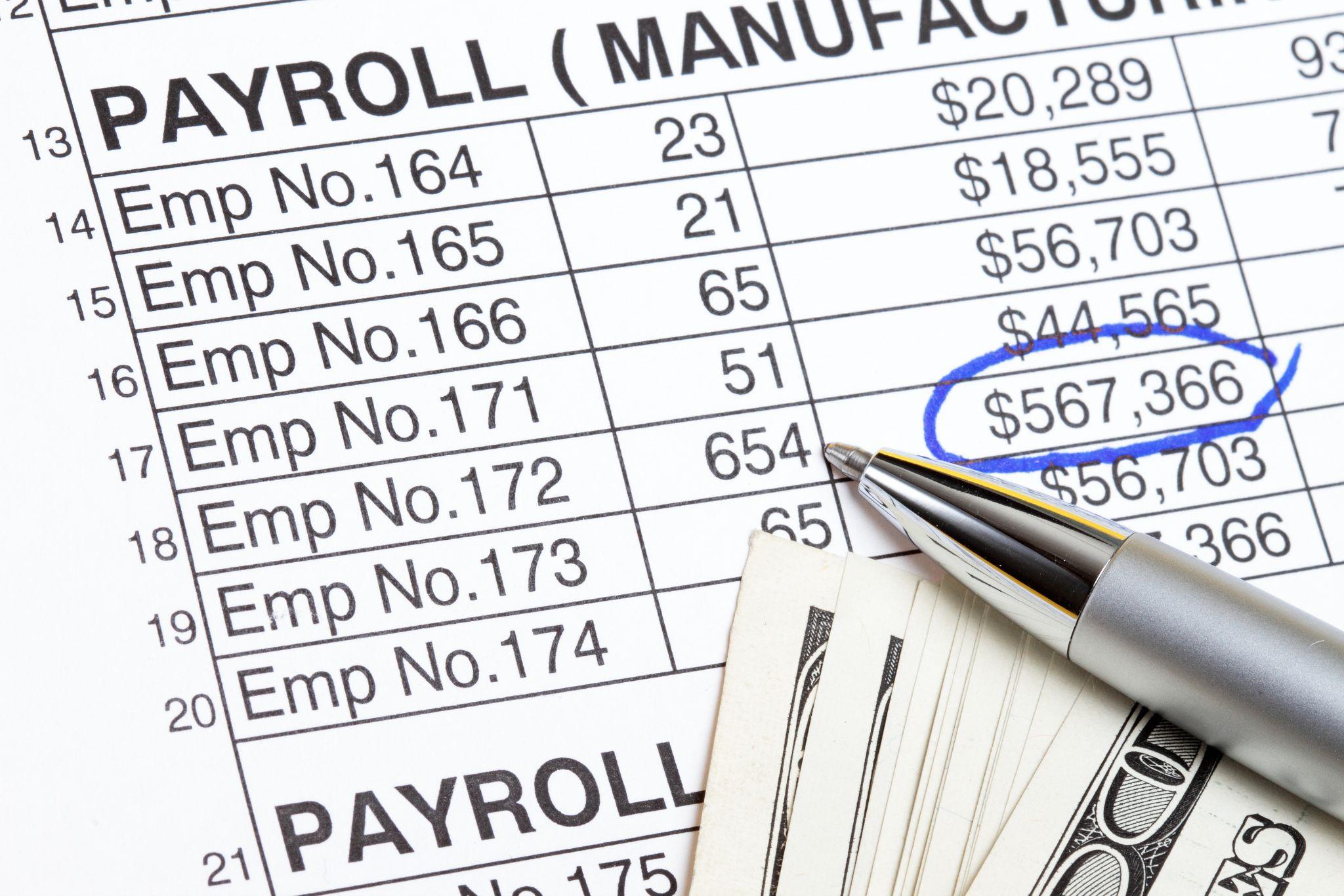 Payroll sheet with employee numbers, managed through PEO HR services