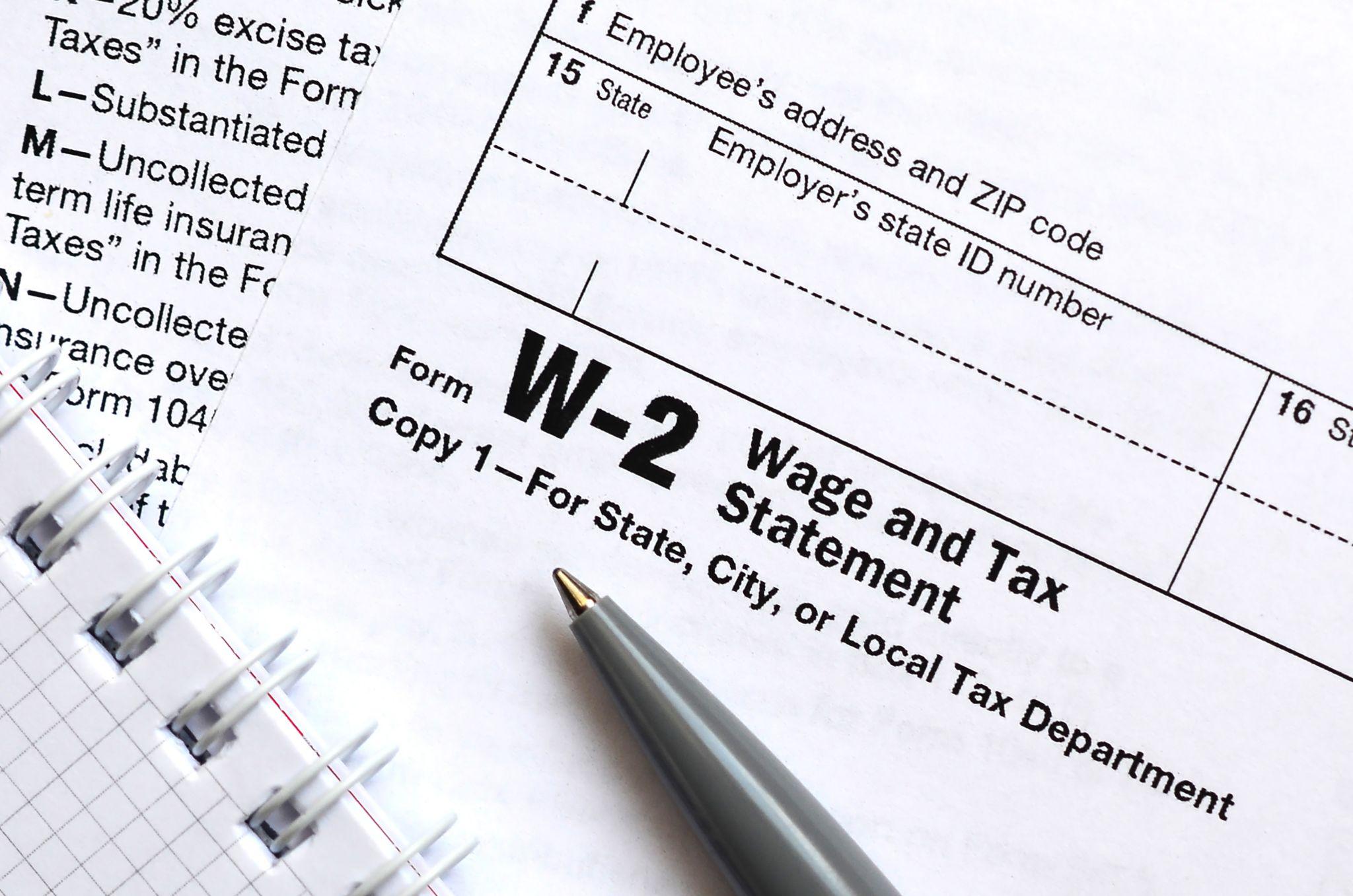 Closeup of W-2 wage and tax statement for California payroll compliance